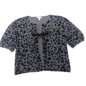 DRESSBARN Animal Print Short Sleeve Cardigan Grey Black XL Ribbon Bow Coquette‎